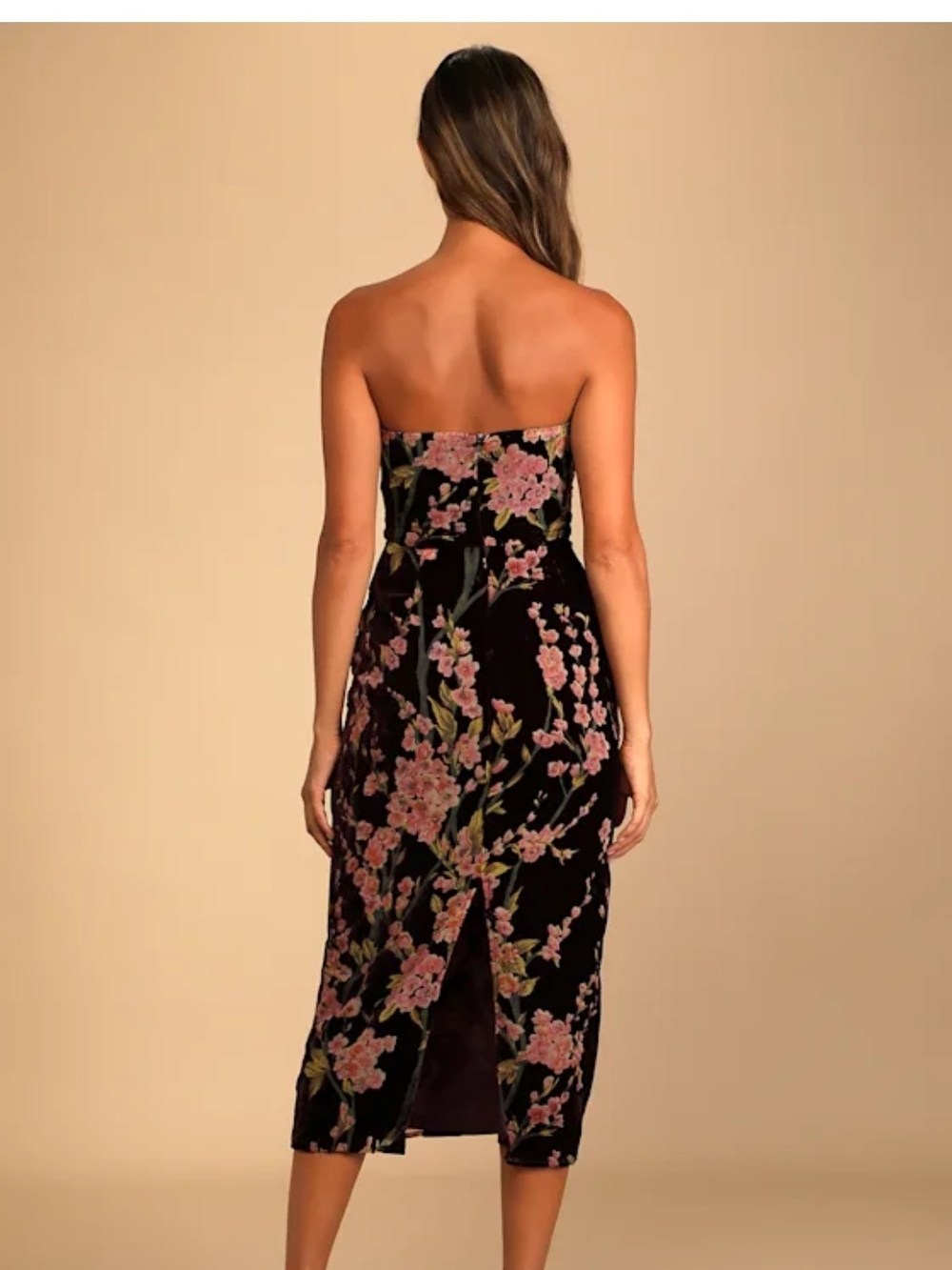 Lulu's Black Strapless Floral Velvet Midi Dress with Pink Blossoms - Picture 3 of 5